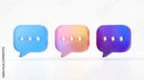 Three colorful glossy speech bubble icons isolated on a white background representing communication and digital messaging concepts.