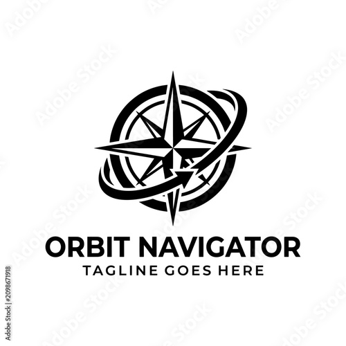 Nautical compass icon combined with orbital symbol for travel and guidance brands.