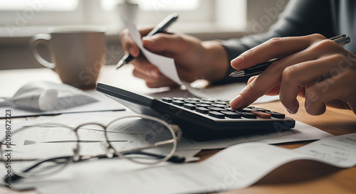 Person calculating household expenses using a calculator and reviewing financial documents at a desk.