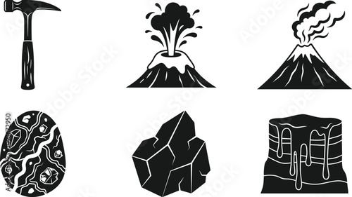 Fotografie Volcano eruption geology rock minerals and earth crust layer black solid glyph i