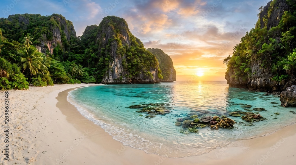 Obraz premium Scenic Tropical Beach with Crystal Clear Water and Sunset View.