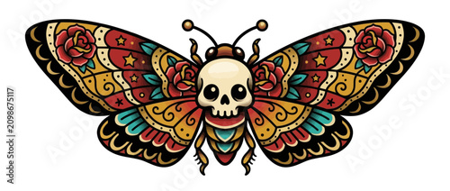 Принти на полотні Skull Moth Tattoo Design: Rose & Star Motifs, Old School Style