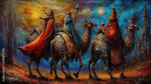 Christmas Nativity scene with Three Wise Men traveling to Bethlehem, Baby Jesus in the manger. Ai Generative