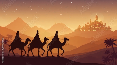 Christmas Nativity scene with Three Wise Men traveling to Bethlehem, Baby Jesus in the manger. Ai Generative