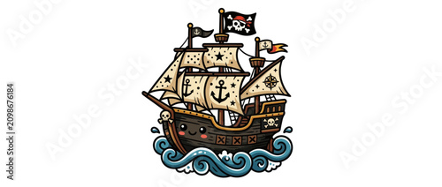 Bild auf Leinwand Cute Pirate Ship Sailing on Waves, Jolly Roger Flag, Nautical Adventure
