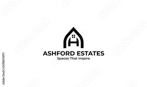 Foto Ashford Estates Real Estate Logo, Minimalist Letter A and H House Vector