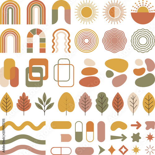 Abstract Boho Elements Collection with Rainbows, Suns, Leaves, and Organic Shapes for Design