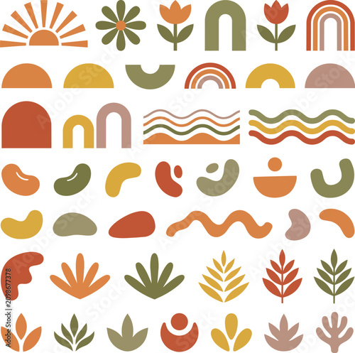 Boho Abstract Shape Collection Featuring Earthy Toned Floral Elements Geometric Arches and Organic Wavy Patterns for Modern Graphic Design Projects