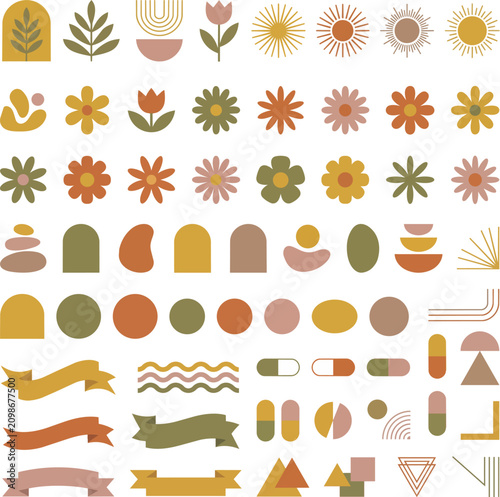 Boho chic digital design elements in a cohesive earthy color palette, featuring abstract shapes, floral motifs, sun icons, and decorative ribbons for creative projects