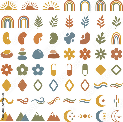 Minimalist boho abstract design element set with organic shapes, suns, rainbows, and botanical leaves