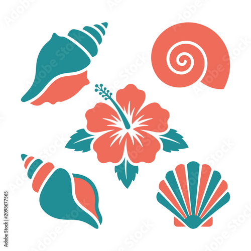Foto Vibrant coral and teal tropical seashells and hibiscus illustration