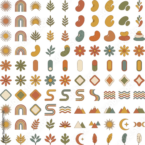 Bohemian abstract design elements set with minimalist celestial, botanical, and geometric shapes