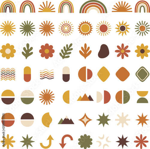 Minimalist boho chic abstract clip art elements including hand drawn suns, rainbows, flowers, and geometric shapes in warm earth tones