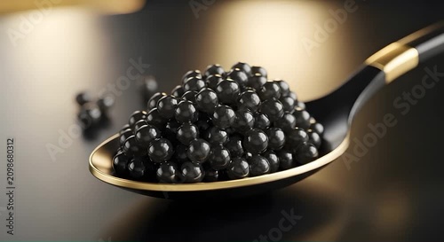 Black caviar piled on a luxury gold spoon close up.