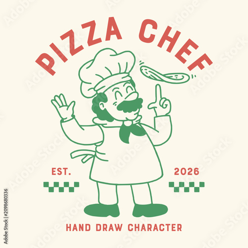 Chef mascot spinning pizza dough in balanced emblem logo, green line art with red text and checkered pattern accents.