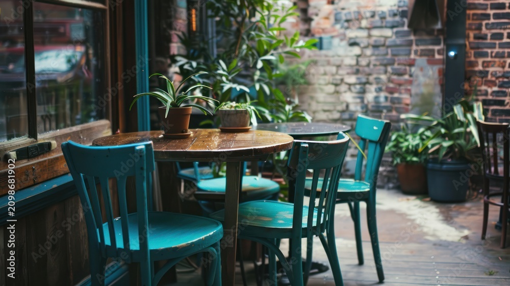 Fototapeta premium Outdoor cafe setting with teal chairs and plants