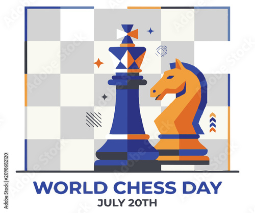 Foto Chess king and knight pieces stand tall against a stylized chessboard background, celebrating World Chess Day