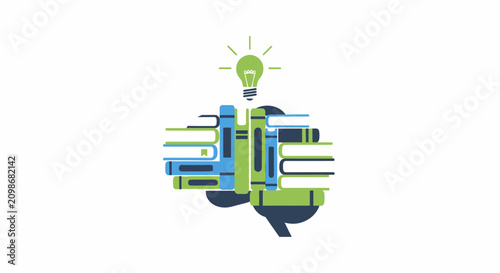A creative brain illustration made of stacked books with a glowing light bulb