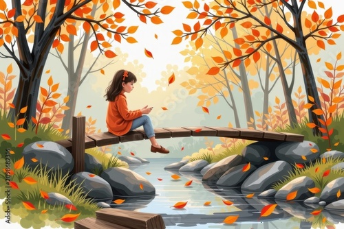 Young girl in orange sweater sitting on rustic bridge in autumn forest