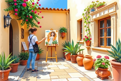 Young woman painting another woman on outdoor easel