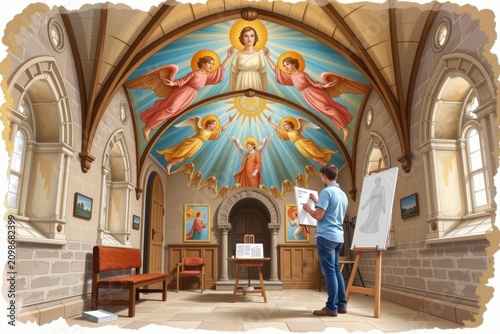 Painter creates religious mural within ornate stone church interior