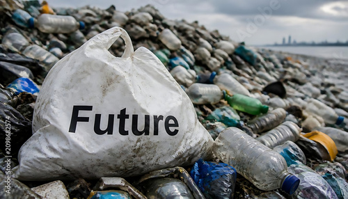 Plastic Bag with Word Future on Pile of Discarded Bottles at Polluted Beach, Ocean Plastic Pollution Concept Image