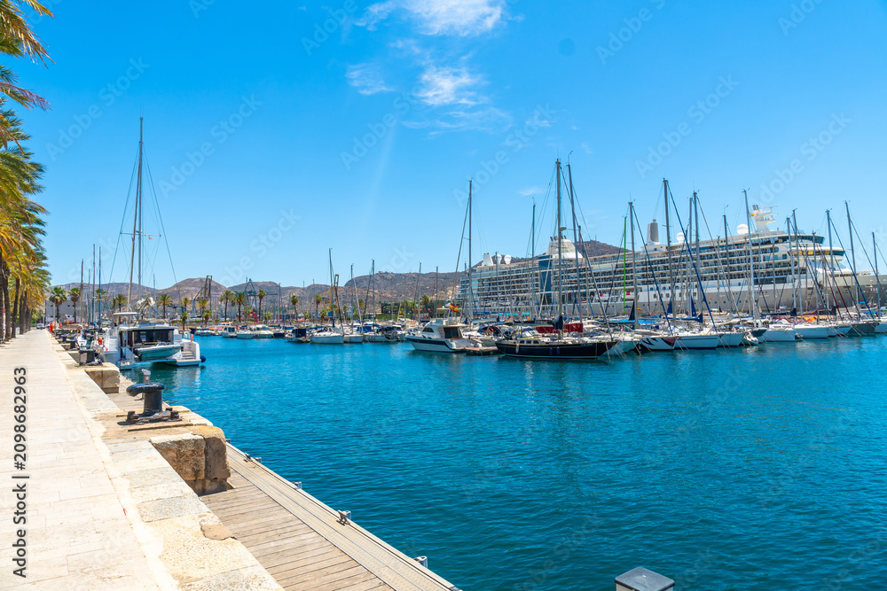 Fototapeta premium Cartagena port with marina, sailboats, and cruise ship
