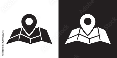 Foto Minimalist Map Marker on Folded Map Icon Silhouette - Modern Location Navigation