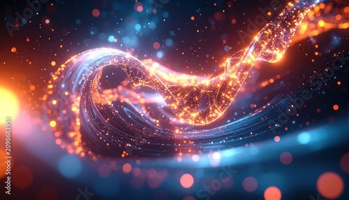 Abstract flowing orange and blue light particles wave background.
