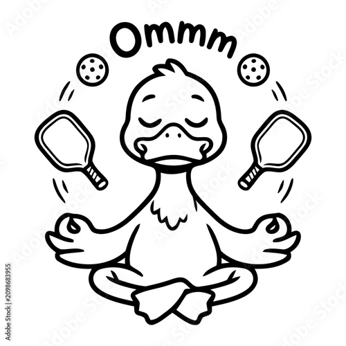 Duck in Meditation Pose Juggling Tennis Paddles.