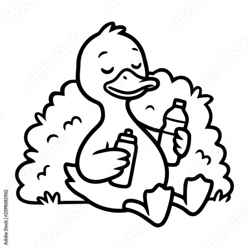 Cute cartoon duckling holding two baby bottles.