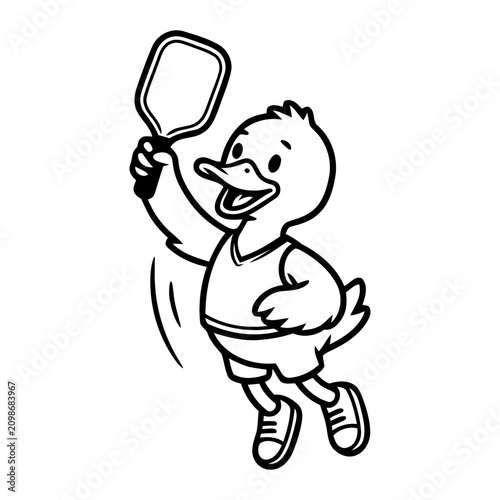 A cheerful duck character playing pickleball with enthusiasm.