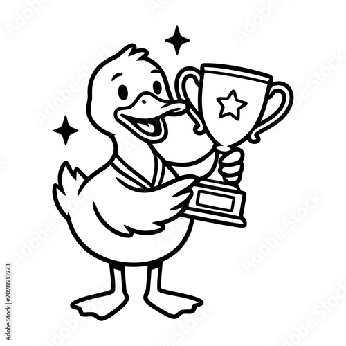 A cheerful cartoon duck holding a trophy cup with a star.