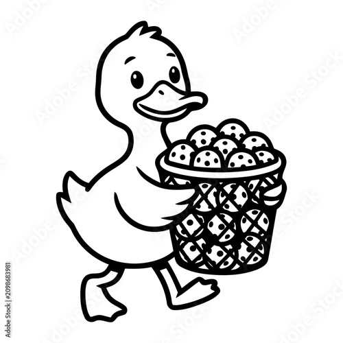 Adorable duckling carrying a basket full of eggs.