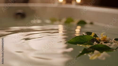 Close up of water dripping into bath with floating leaves.
