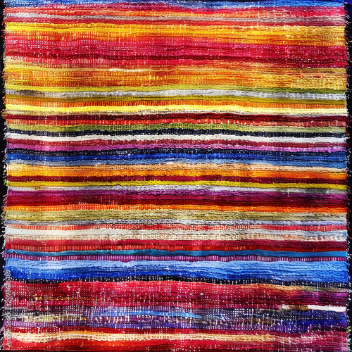 Handwoven multi-colored striped textile background with recycled fabric strips and horizontal pattern