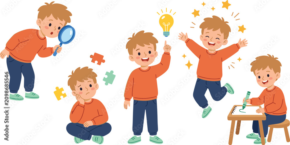 Naklejka premium Cute Boy Character Learning and Creative Activity Set with Thinking, Discovery, Drawing and Happy Expressions Vector Illustration