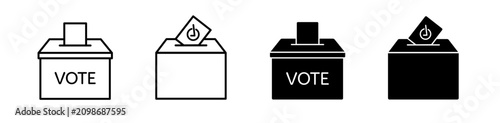 Ballot box voting icon set. Set of four ballot box icons with VOTE label and ballot paper. Symbols of elections, voting, democracy and civic participation. Vector illustration