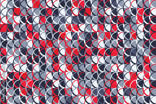 Abstract geometric pattern with red grey and blue semicircle mosaic elements. Modern minimalist backdrop for digital design and artistic visual works