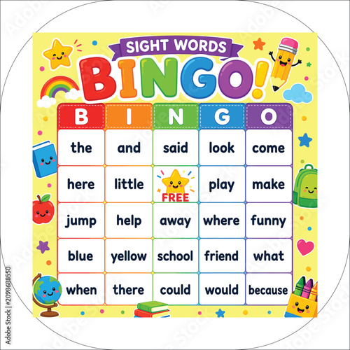Sight Words Bingo Card Printable Reading Activity for Kids