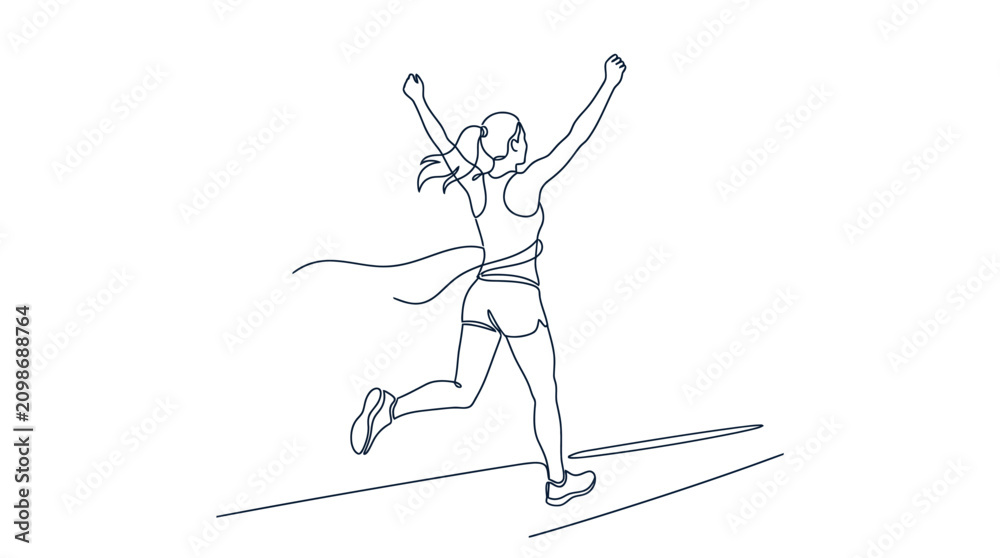Fototapeta premium A joyful woman jumping with arms raised in a dynamic one-line drawing
