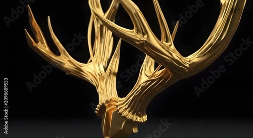 Golden deer antlers displayed on black background.