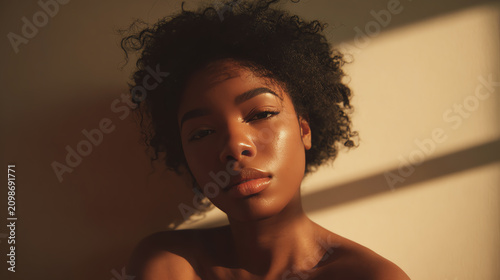 A portrait of a young woman with natural hair, showcasing beauty and confidence in soft lighting.