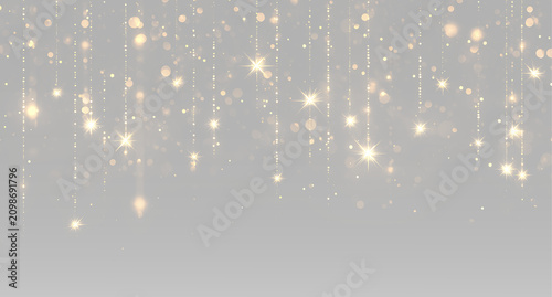 Konstfotografi Golden hanging glitter curtain sparkling stars glowing gold dust festive celebra
