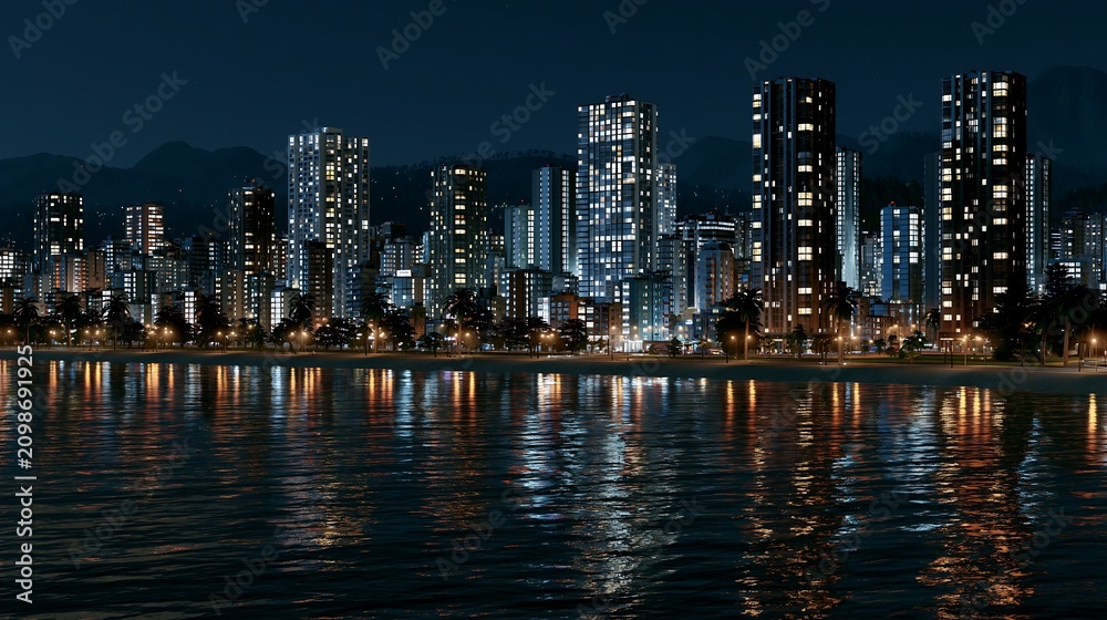 Obraz premium A serene cityscape at night with skyscrapers reflecting lights on the water