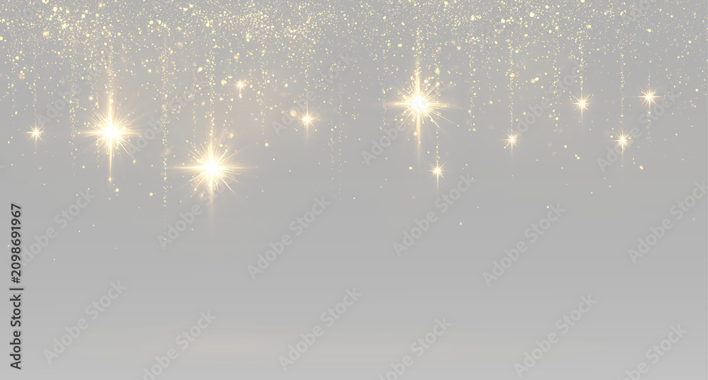 Obraz premium Golden glitter rain hanging glitter stars sparkling gold dust luxury festive Christmas New Year lights glowing shimmer