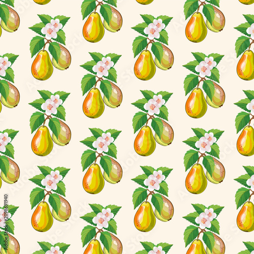 Colored background with pears on a branch.Vector seamless pattern with pears on a branch on a light background.