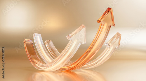 Upward pointing transparent glass arrows showing financial growth business progress economic success corporate development future forecasting market trends profit increase wealth accumulation
