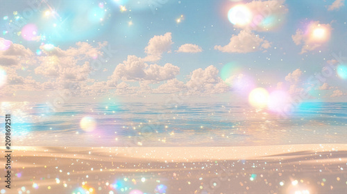 Dreamy Beach Background with Pastel Rainbow Light and Glitter Bokeh Over Calm Sea for Fantasy Banner and Creative Design
