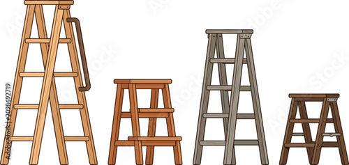 Wooden Stepladder and Stool Vector Set Featuring Construction, Household Repair, and Carpentry Folding Ladders for Interior Renovation Designs